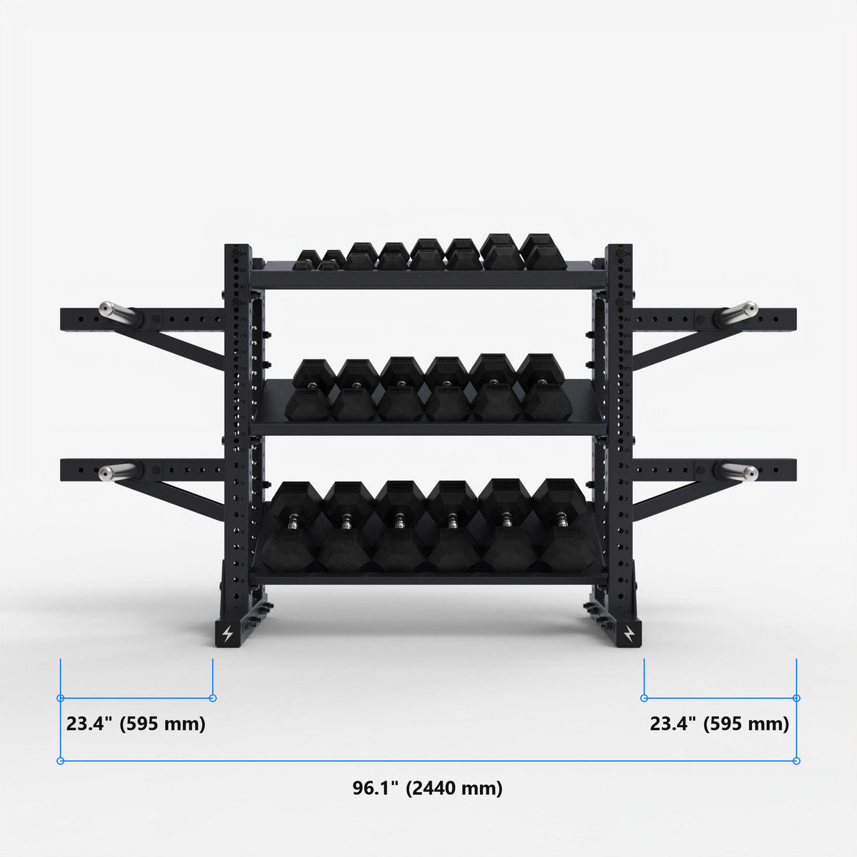 Gen 2 Storage Shelve with offset bumper plate storage pegs fitted at both ends, overall width 96.1 inches (2440 mm), each end adding 23.4 inches (595 mm) measured from the foot