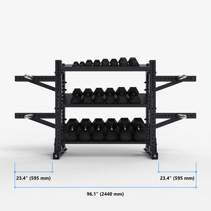 Gen 2 Storage Shelve with offset bumper plate storage pegs fitted at both ends, overall width 96.1 inches (2440 mm), each end adding 23.4 inches (595 mm) measured from the foot